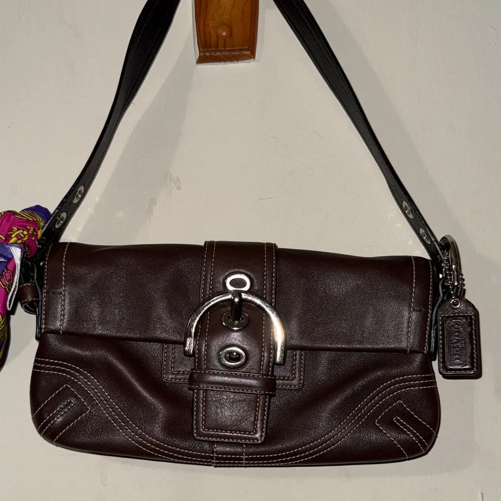 Coach Dark Brown Leather Shoulder Bag with Silver Hardware - Picture 1 of 16
